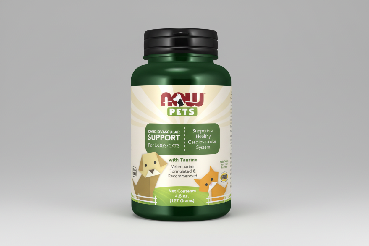 Supplement bottle for pets with NOW Pets branding on a white background