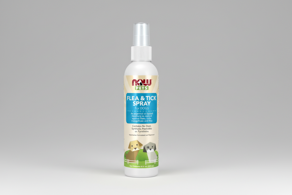 Flea and tick spray for dogs by NOW Pets on a white background