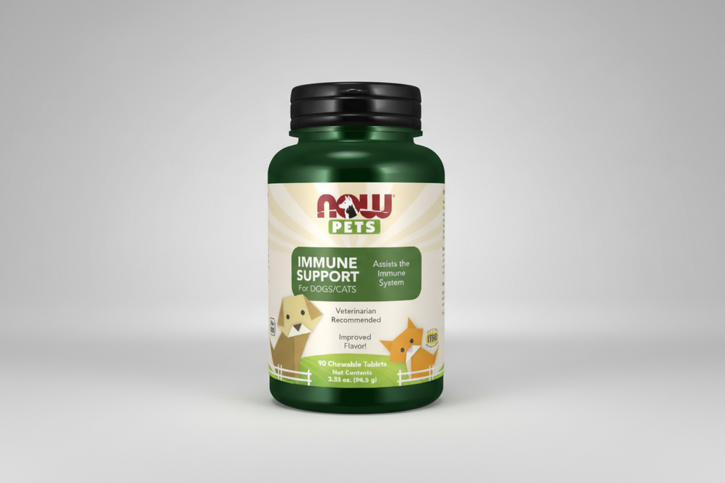 Bottle of NOW Pets Immune Support for dogs and cats on a white background