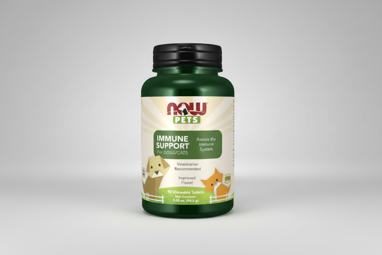 Bottle of NOW Pets Immune Support for dogs and cats on a white background