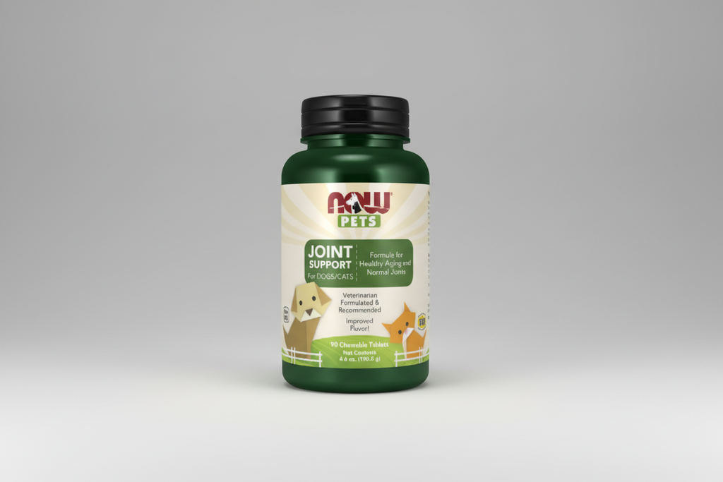 Bottle of NOW Pets Joint Support supplement for dogs and cats on a white background
