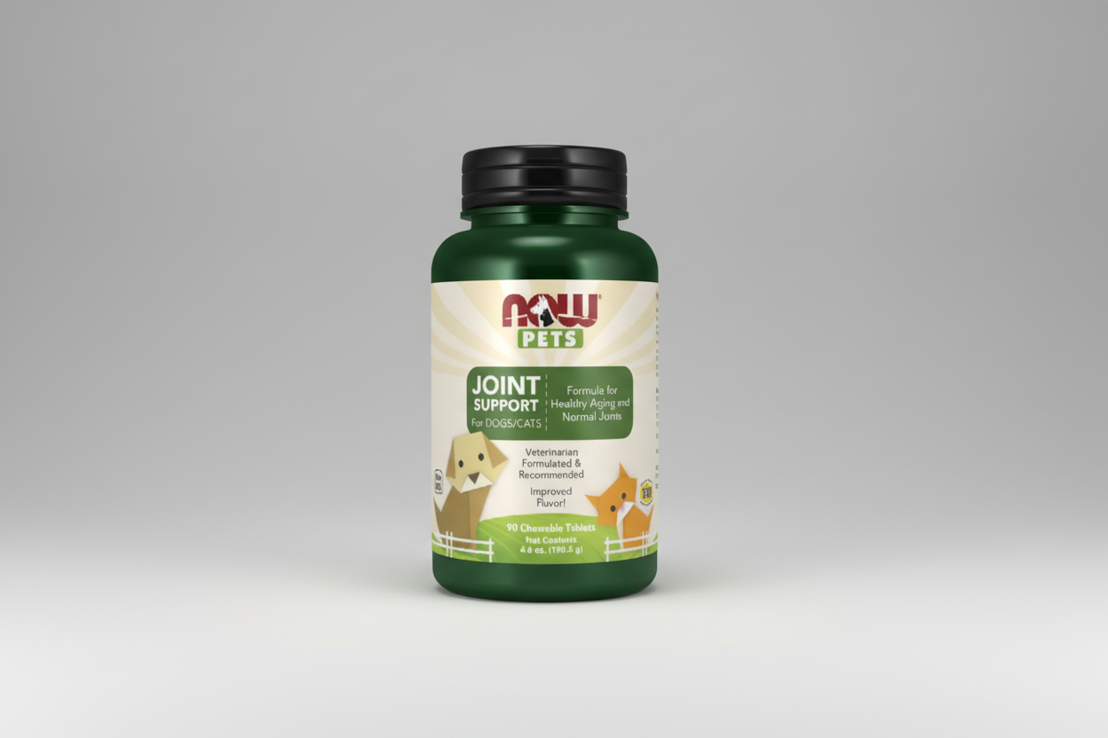 Bottle of NOW Pets Joint Support supplement for dogs and cats on a white background