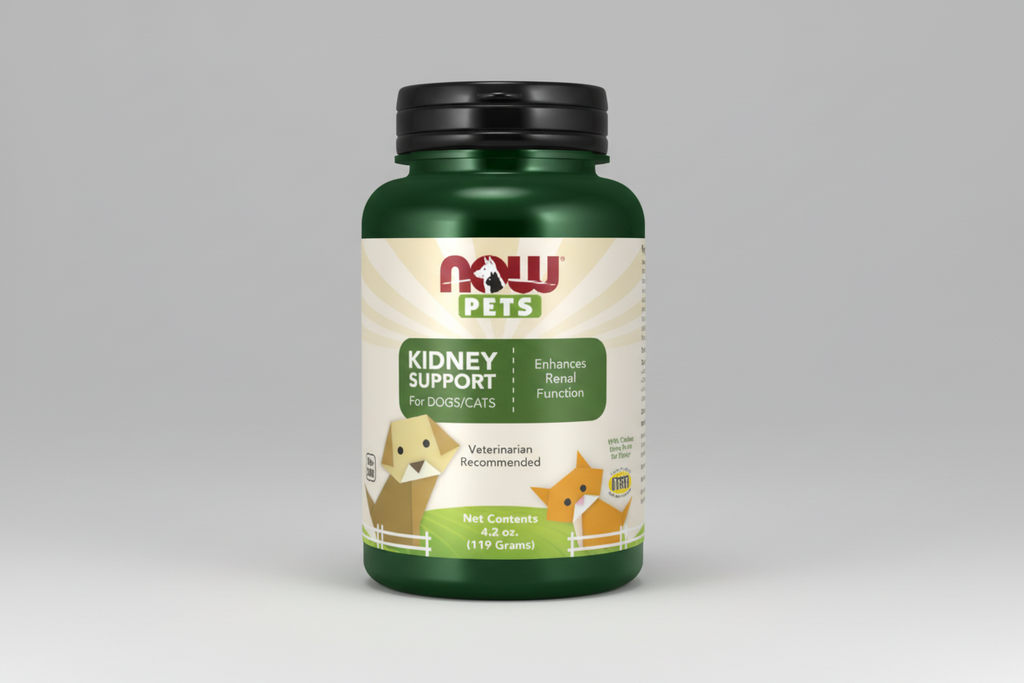 Supplement bottle for pets with 'NOW Pets' branding on a white background