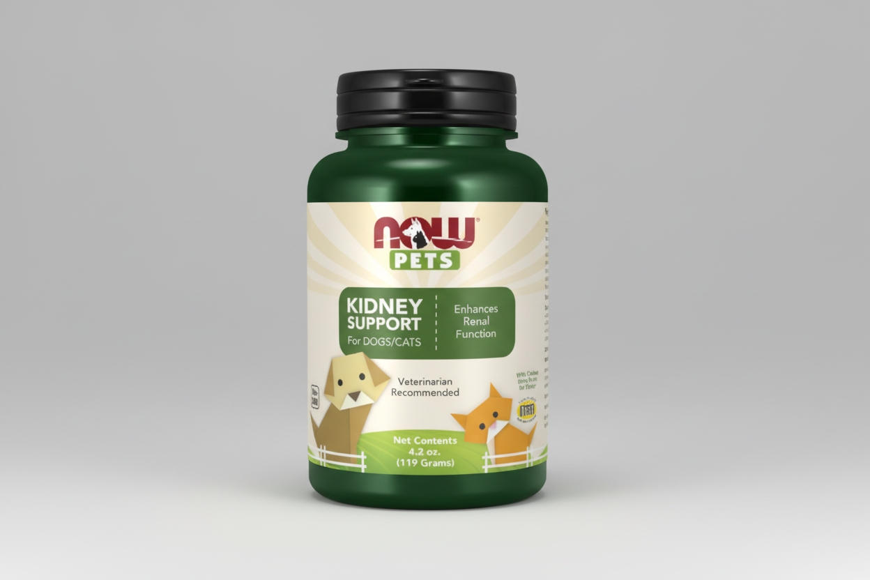 Supplement bottle for pets with 'NOW Pets' branding on a white background