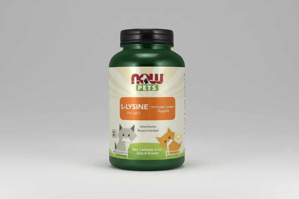 Supplement bottle for cats labeled 'NOW Pets L-Lysine' on a white background