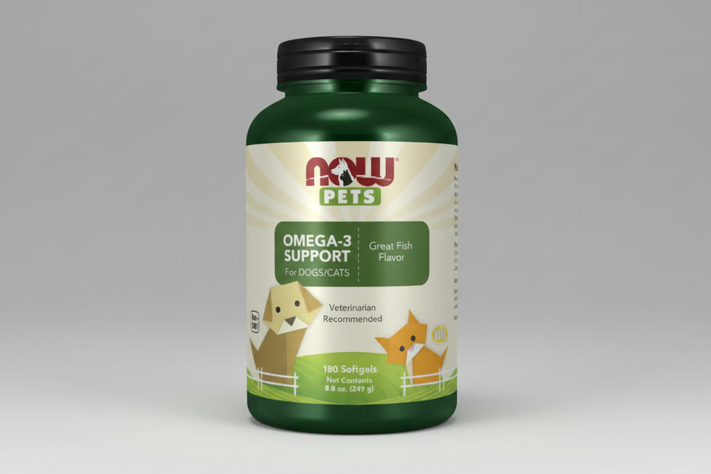 Supplement bottle labeled 'Omega-3 Support' for pets with NOW Pets branding.