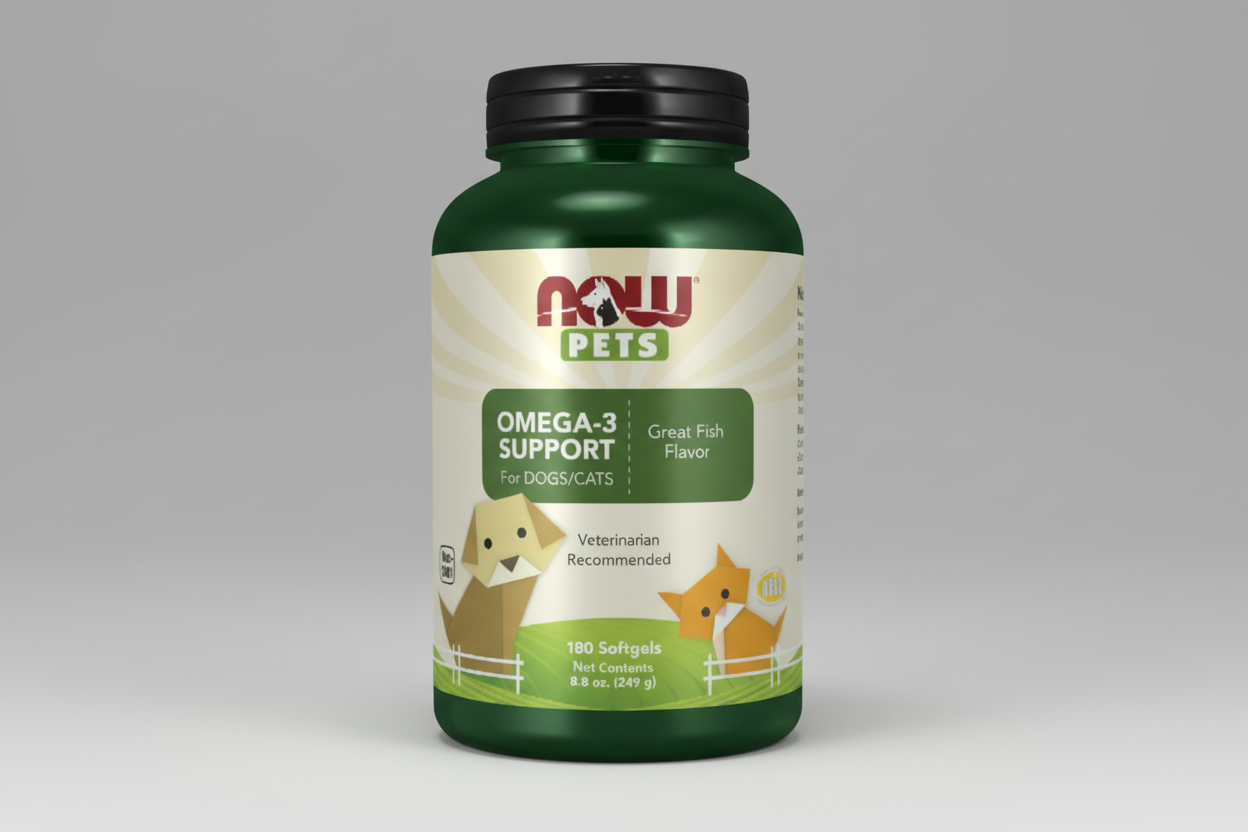 Supplement bottle labeled 'Omega-3 Support' for pets with NOW Pets branding.