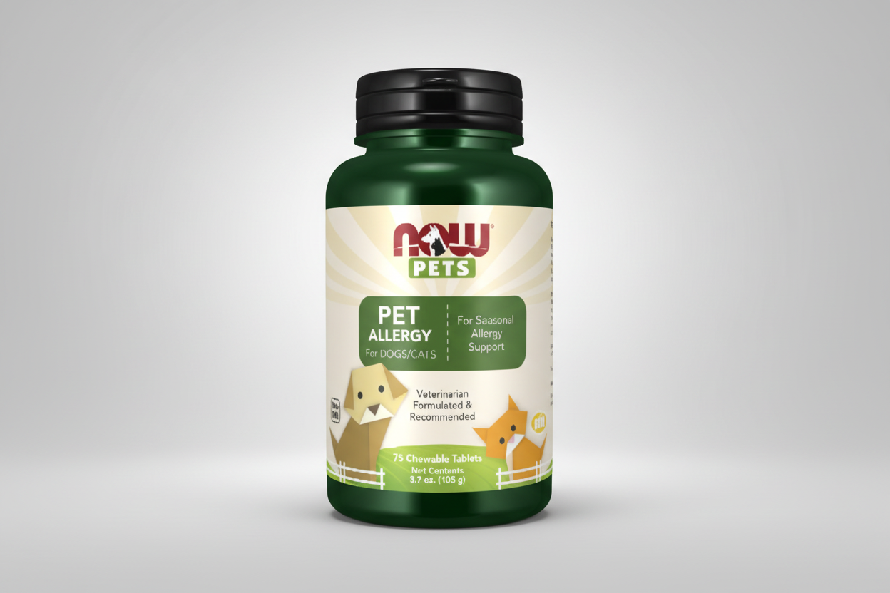 Pet allergy supplement bottle for dogs and cats with NOW Pets branding on a white background