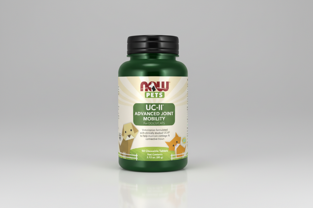 Bottle of NOW Pets UC-II Advanced Joint Mobility supplement for dogs and cats on a white background