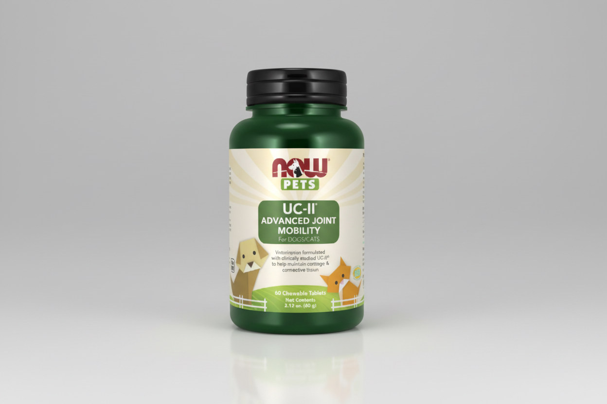 Bottle of NOW Pets UC-II Advanced Joint Mobility supplement for dogs and cats on a white background