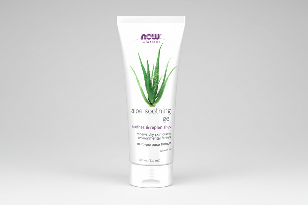 Aloe soothing gel tube with aloe vera image on a white background