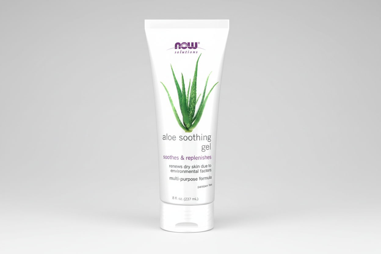 Aloe soothing gel tube with aloe vera image on a white background