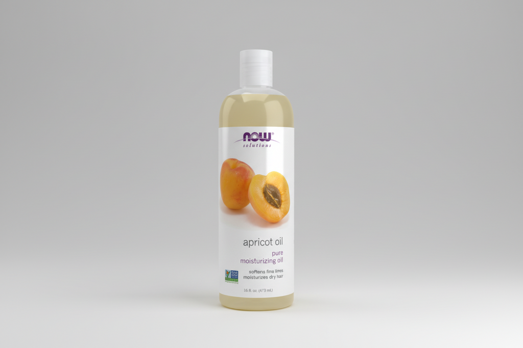 Bottle of NOW Solutions apricot oil on a white background