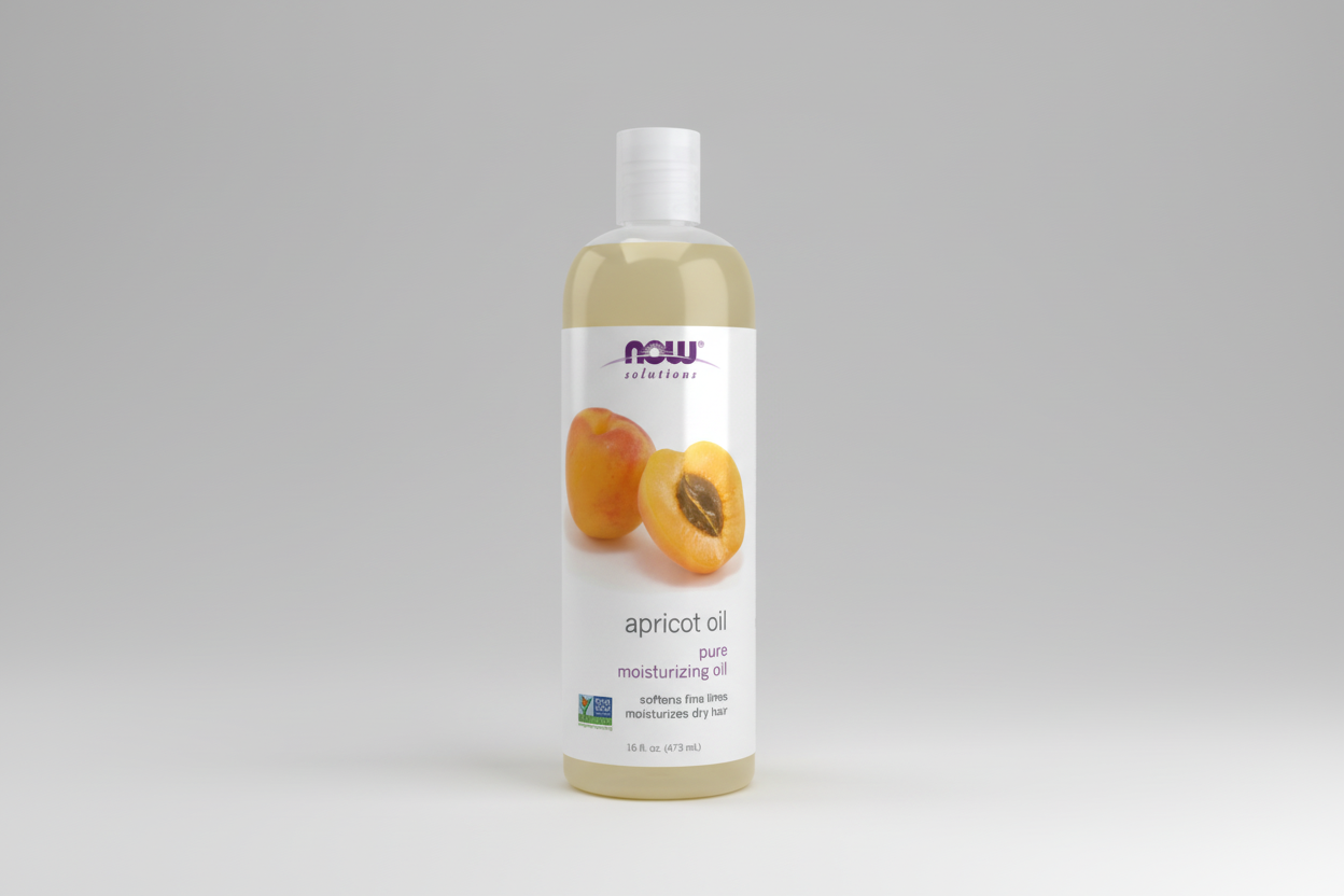 Bottle of NOW Solutions apricot oil on a white background
