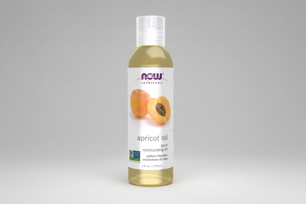 Bottle of NOW Solutions apricot oil on a white background