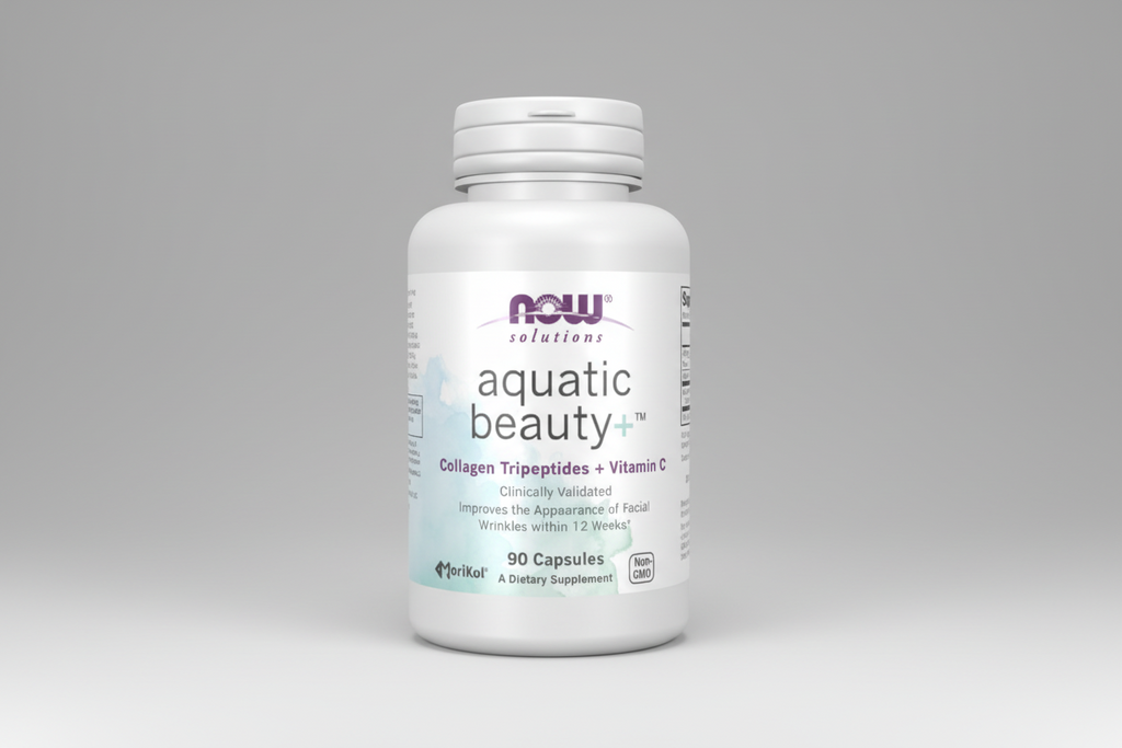 Supplement bottle labeled 'Aquatic Beauty' with NOW Foods branding on a white background