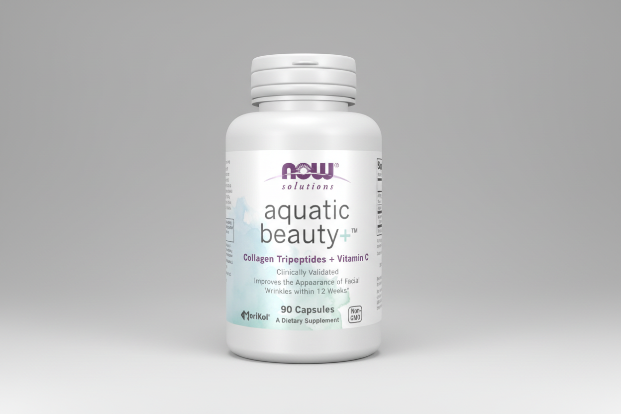 Supplement bottle labeled 'Aquatic Beauty' with NOW Foods branding on a white background