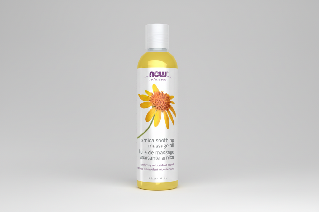 Bottle of NOW Solutions Arnica Soothing Massage Oil on a white background