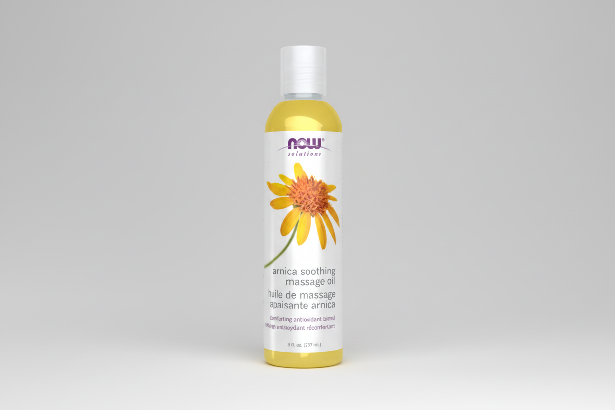 Bottle of NOW Solutions Arnica Soothing Massage Oil on a white background