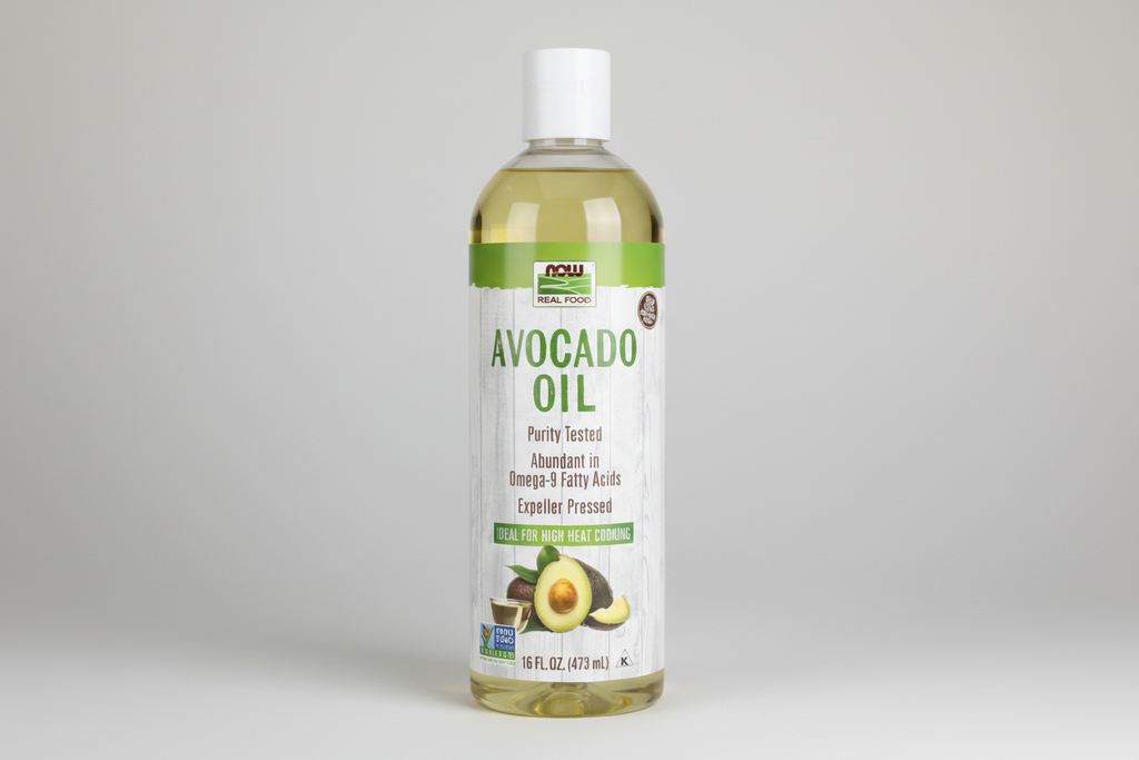 Bottle of avocado oil with a white label on a white background
