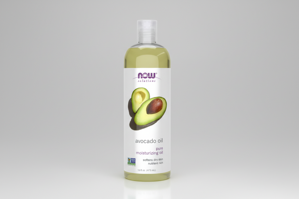 Bottle of NOW Solutions avocado oil on a white background