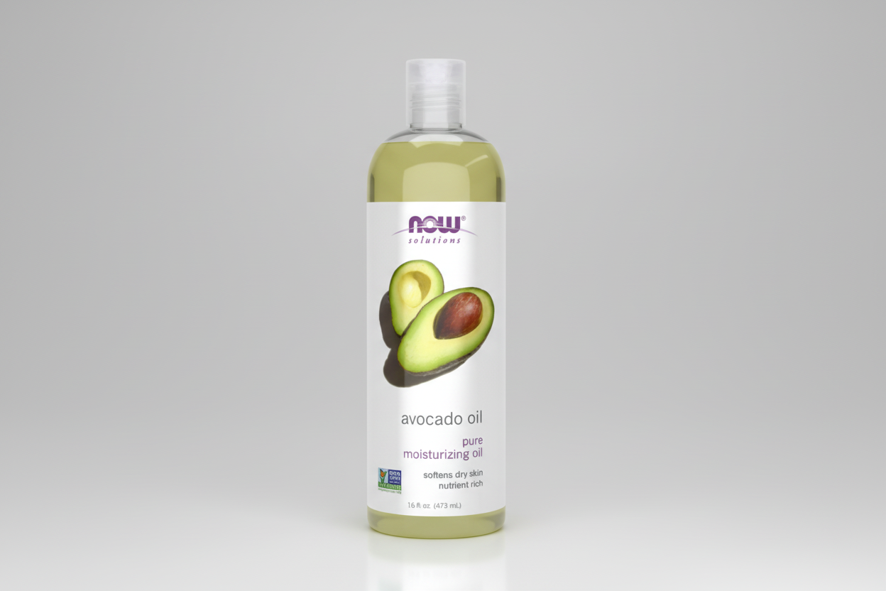 Bottle of NOW Solutions avocado oil on a white background