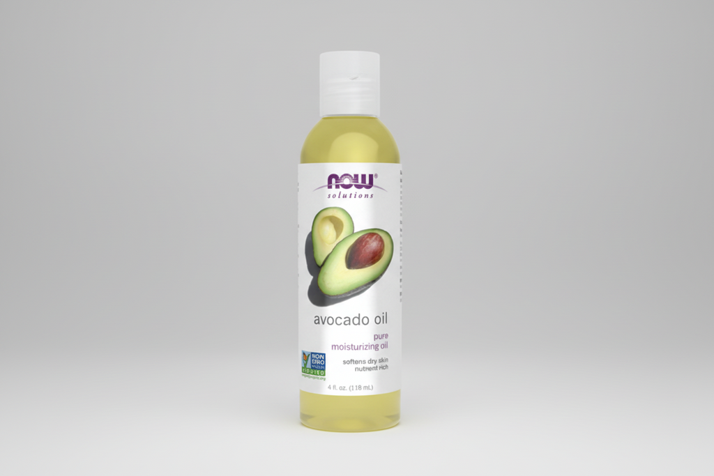 Bottle of NOW Solutions avocado oil on a white background