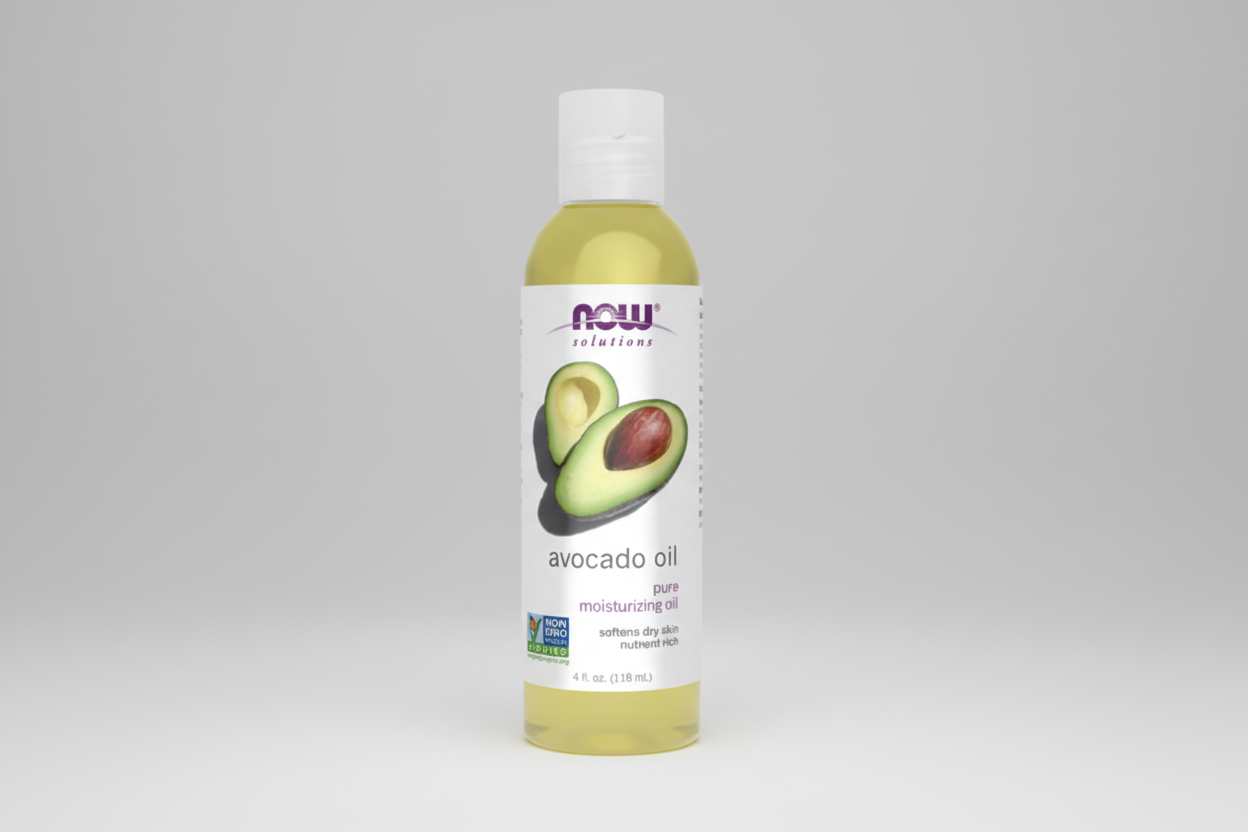 Bottle of NOW Solutions avocado oil on a white background