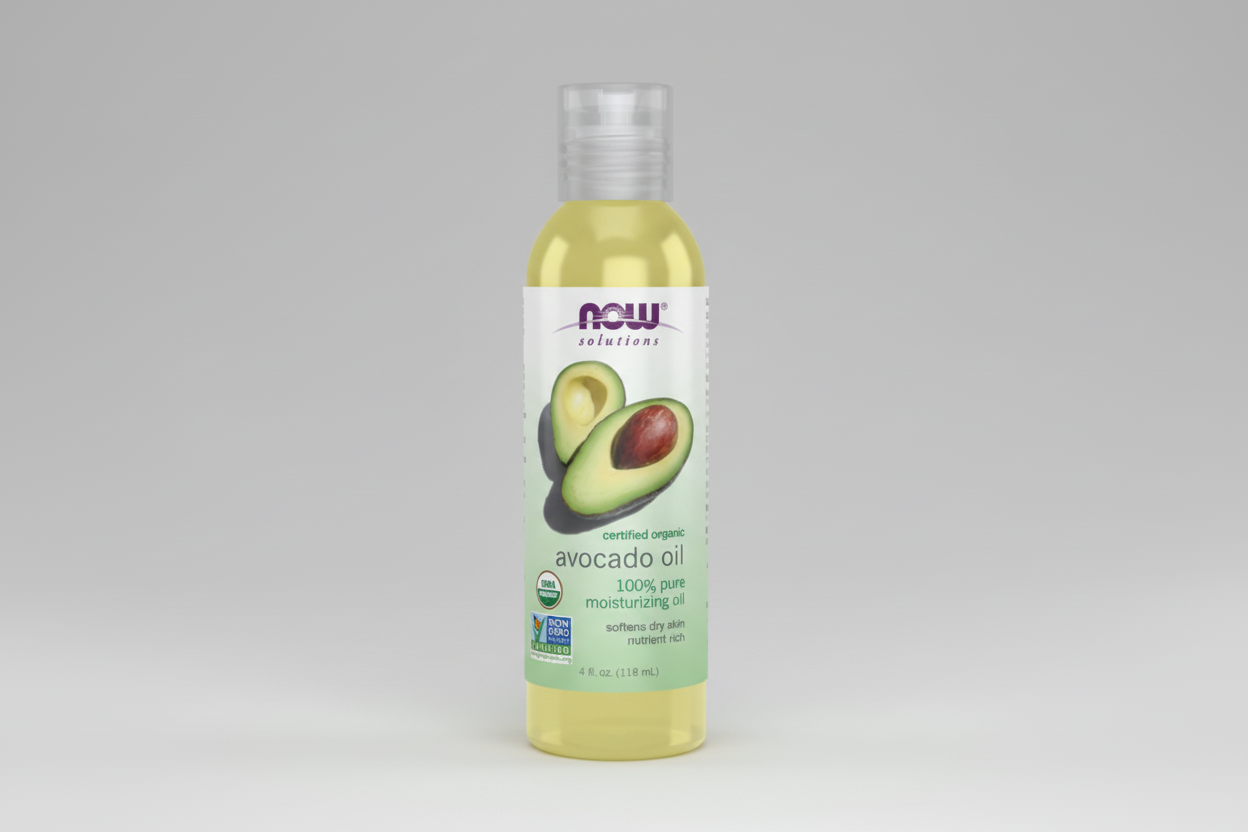 Bottle of NOW Solutions avocado oil on a white background