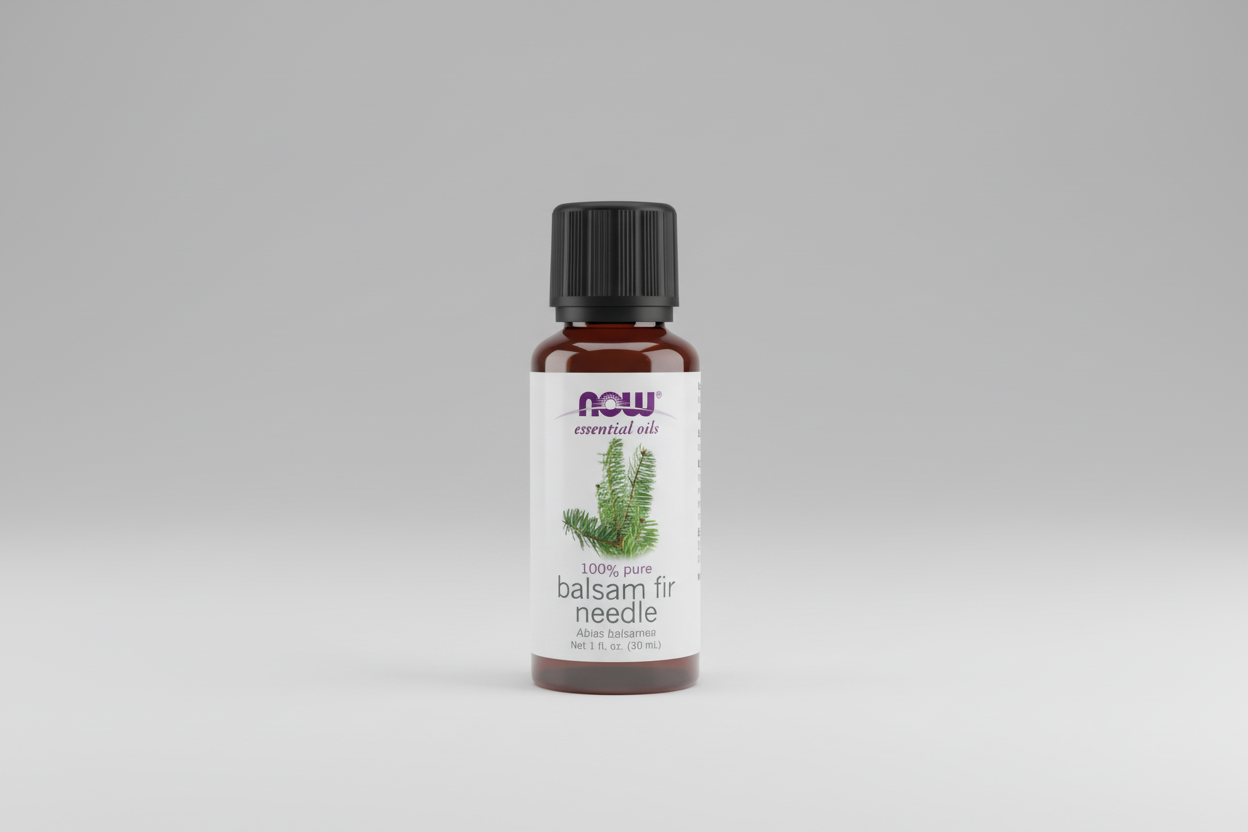 Bottle of NOW Essential Oils balsam fir needle oil on a white background