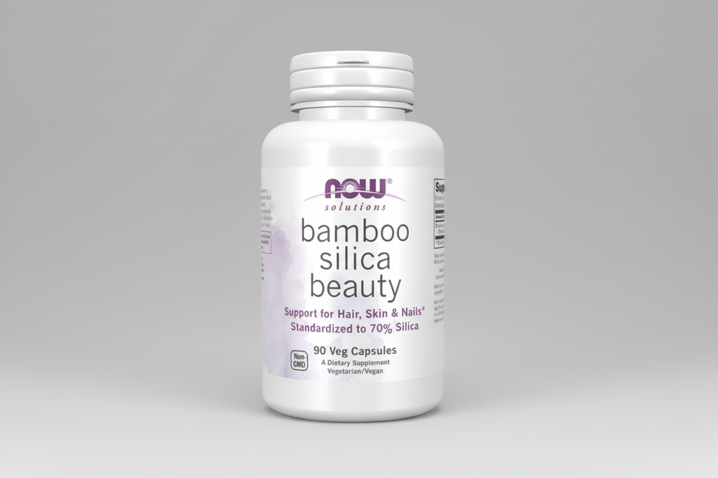 Supplement bottle labeled 'Bamboo Silica Beauty' by NOW on a white background
