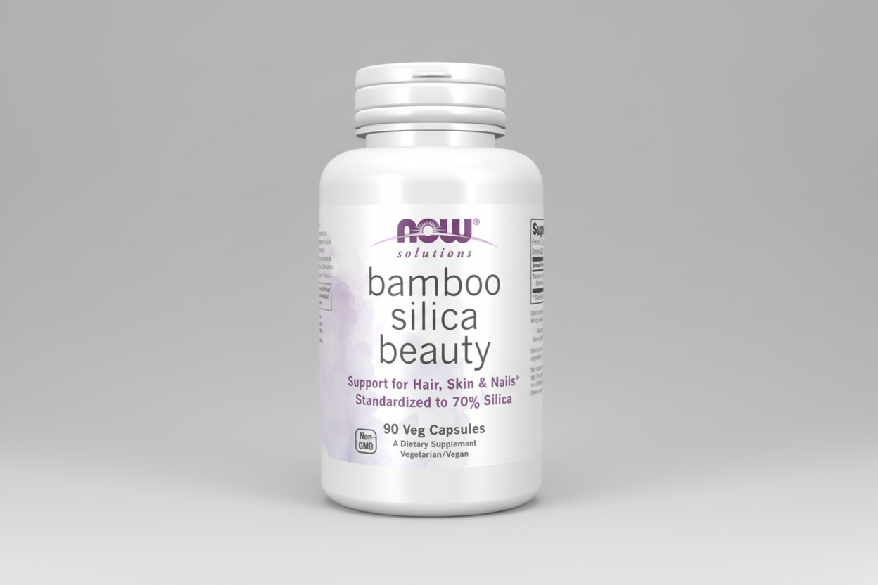 Supplement bottle labeled 'Bamboo Silica Beauty' by NOW on a white background