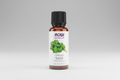 Bottle of Now Essential Oils basil oil on a white background