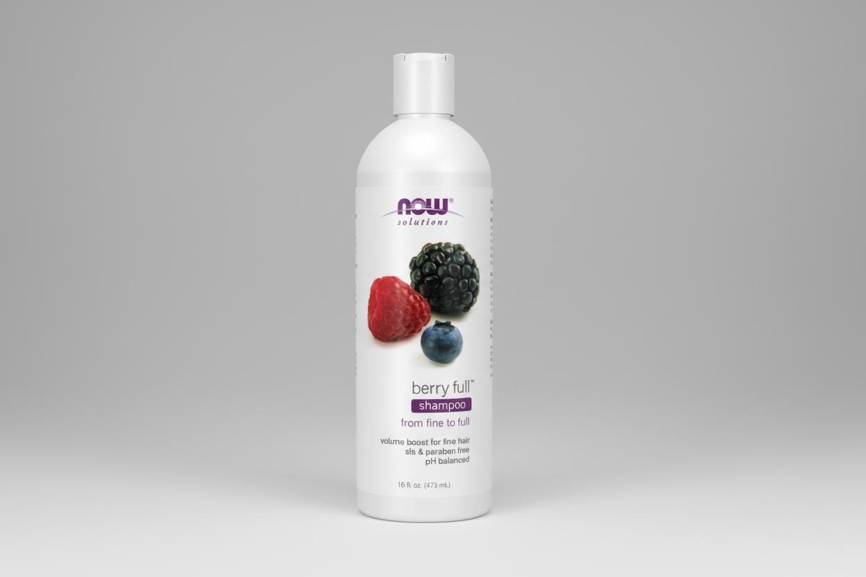 Bottle of NOW Solutions berry full shampoo with berries on a white background