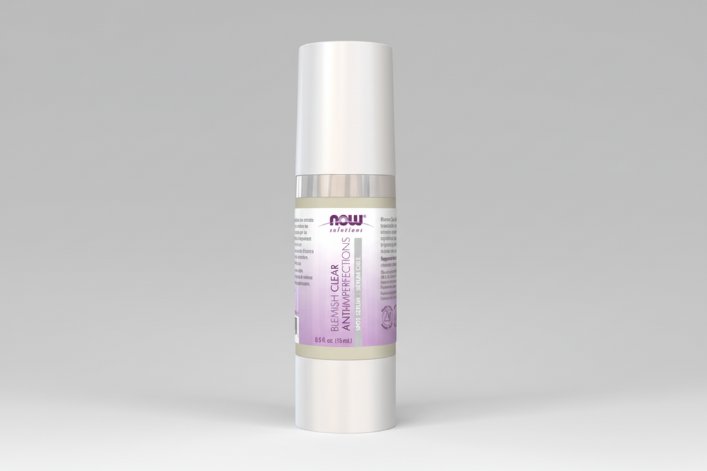 Skincare bottle with a white and purple label on a white background