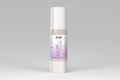 Skincare bottle with a white and purple label on a white background