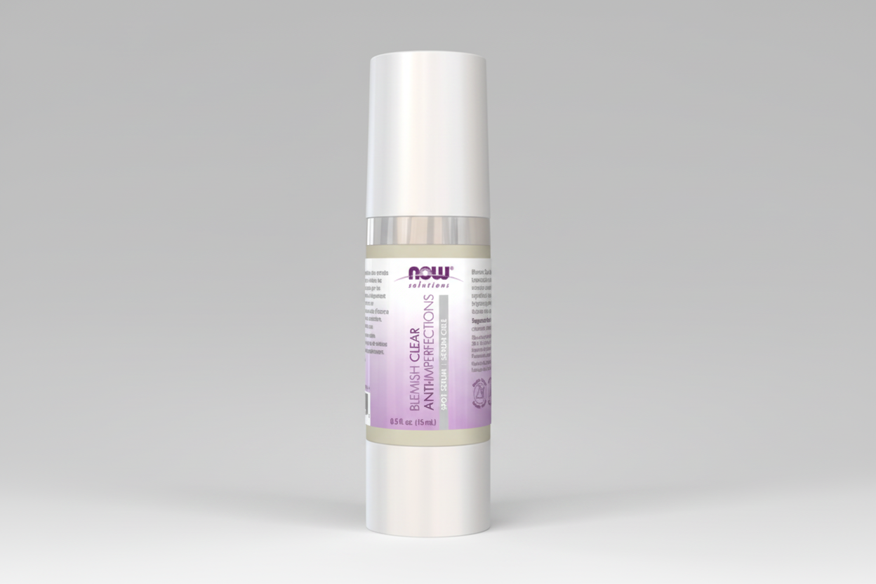 Skincare bottle with a white and purple label on a white background
