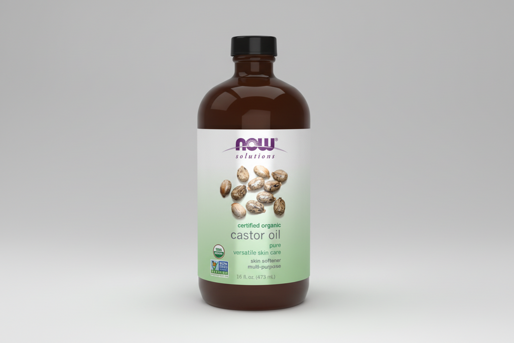 Bottle of NOW Solutions certified organic castor oil on a white background