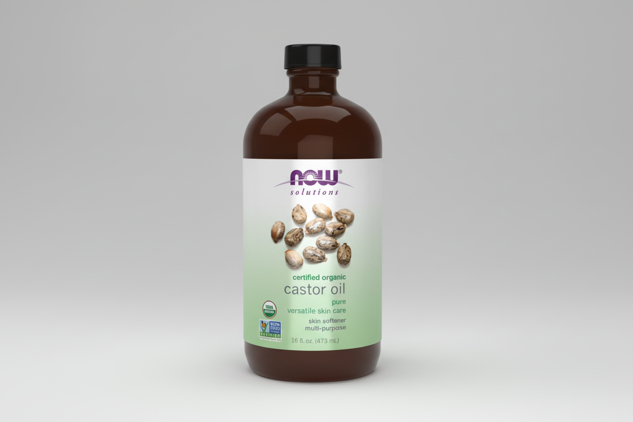 Bottle of NOW Solutions certified organic castor oil on a white background