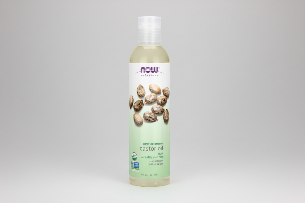 Bottle of NOW Solutions certified organic castor oil on a white background