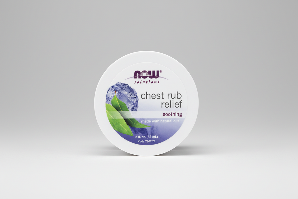 NOW Solutions chest rub relief container with a blue and green design on a white background