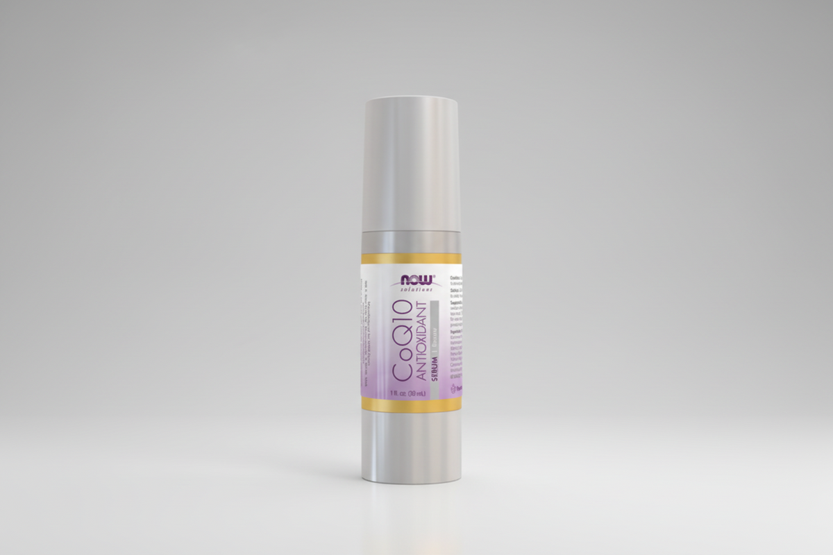 CoQ10 antioxidant serum bottle on a white background