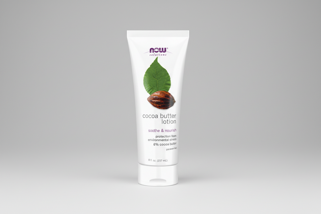 Cocoa butter lotion tube with Now Solutions branding on a white background