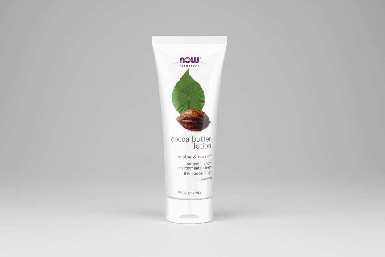 Cocoa butter lotion tube with Now Solutions branding on a white background