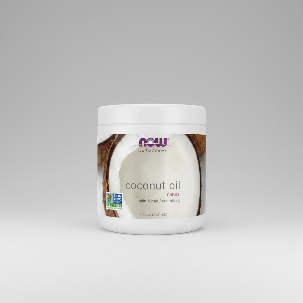 Jar of NOW Solutions coconut oil on a white background