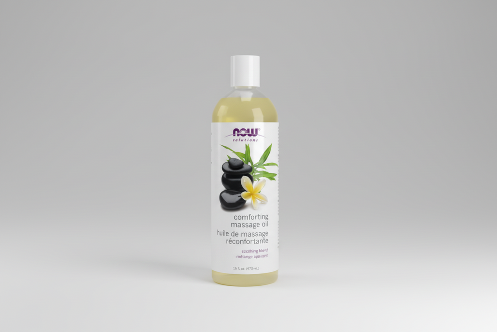 Bottle of Now Solutions comforting massage oil with a white background