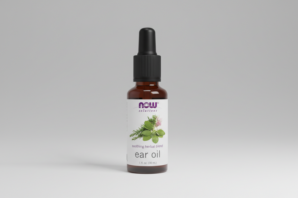 Bottle of NOW Solutions ear oil on a white background
