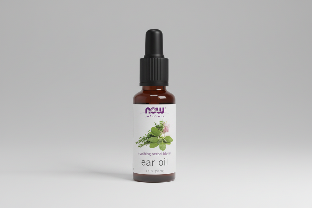 Bottle of NOW Solutions ear oil on a white background