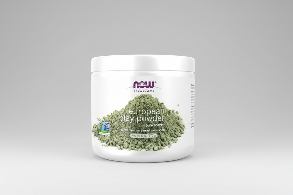 Container of European clay powder with NOW Solutions branding on a white background