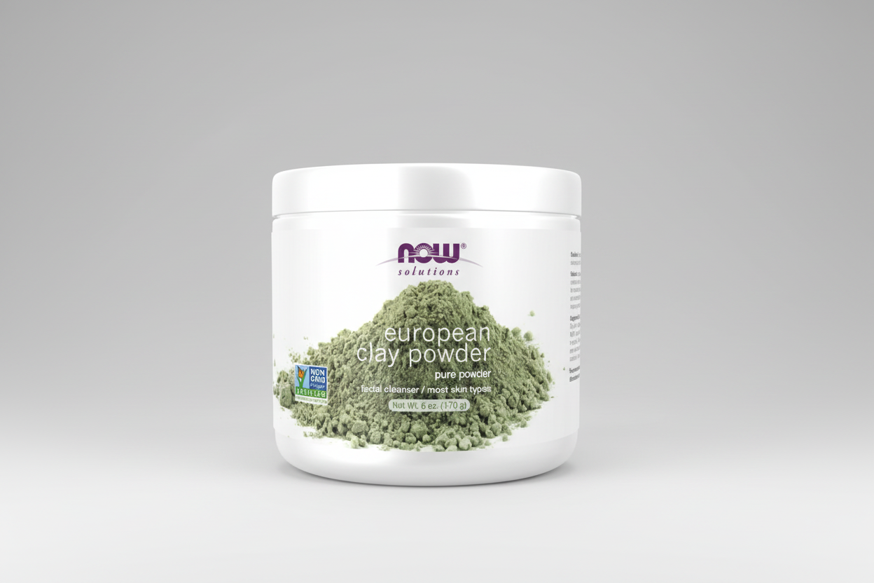 Container of European clay powder with NOW Solutions branding on a white background